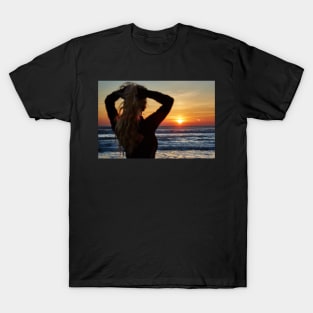 Beautiful woman on the beach at sunrise T-Shirt